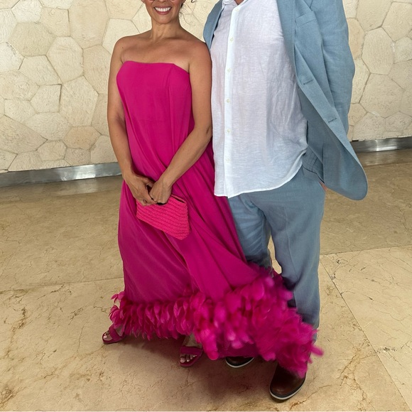 Mac Duggal STRAPLESS FLARE FEATHER HEM GOWN Style# 13001 Size 8 Fuchsia - Picture 5 of 5